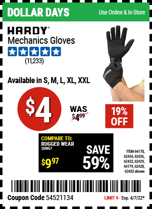 Buy the HARDY Mechanic's Gloves X-Large (Item 62432/62429/62433/62428/62434/62426/64178/64179 ) for $4, valid through 4/7/2022.