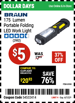 Buy the BRAUN Portable Folding LED Work Light (Item 63930) for $5, valid through 4/7/2022.
