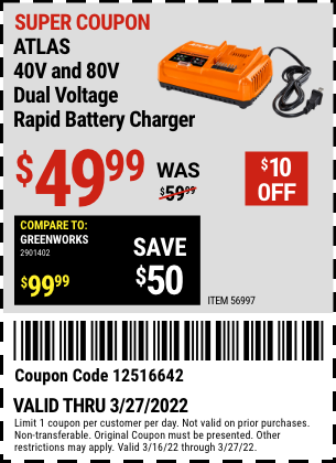 Buy the ATLAS 40v And 80v Dual Voltage Rapid Battery Charger (Item 56997) for $49.99, valid through 3/27/2022.