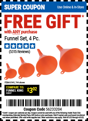 Buy the HFT Funnel Set 4 Pc. (Item 00744/61941) for $0, valid through 4/3/2022.