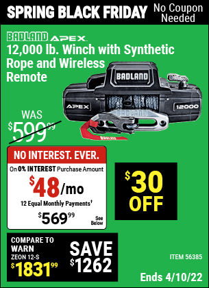 Buy the BADLAND APEX Synthetic 12000 Lb. Wireless Winch (Item 56385) for $569.99, valid through 4/10/2022.