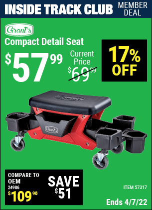 Inside Track Club members can buy the GRANT’S Compact Detail Seat (Item 57317) for $57.99, valid through 4/7/2022.