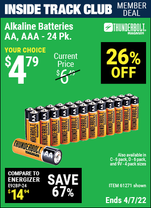 Inside Track Club members can buy the THUNDERBOLT Alkaline Batteries (Item 61271/92404/61270/9240561272/92406/61279/92407/92408) for $4.79, valid through 4/7/2022.