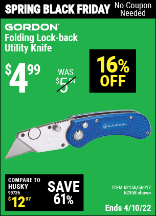 Buy the GORDON Folding Lock-Back Utility Knife (Item 62358/62156/56917) for $4.99, valid through 4/10/2022.