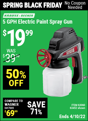 Buy the KRAUSE & BECKER 5 GPH Electric Paint Spray Gun (Item 63452/63060) for $19.99, valid through 4/10/2022.