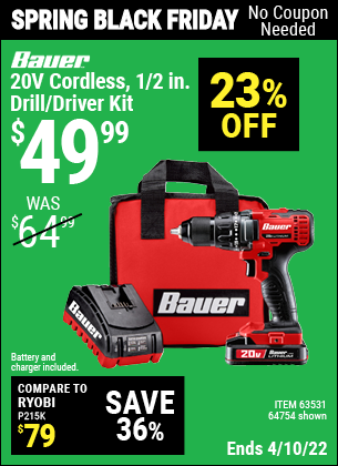 Buy the BAUER 20V Hypermax Lithium 1/2 In. Drill/Driver Kit (Item 63531/63531) for $49.99, valid through 4/10/2022.