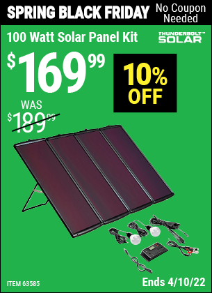 Buy the THUNDERBOLT MAGNUM SOLAR 100 Watt Solar Panel Kit (Item 63585) for $169.99, valid through 4/10/2022.