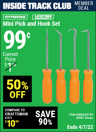 Inside Track Club members can buy the PITTSBURGH Mini Pick and Hook Set (Item 63697/66836/63765) for $0.99, valid through 4/7/2022.