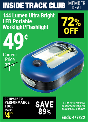 Inside Track Club members can buy the 144 Lumen Ultra Bright LED Portable Worklight/Flashlight (Item 63878/69567/60566/62532/63601/63991/64005) for $0.49, valid through 4/7/2022.