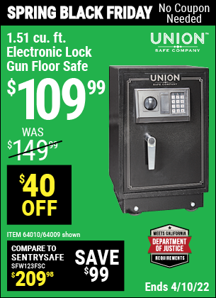 Buy the UNION SAFE COMPANY 1.51 cu. ft. Electronic Lock Gun Floor Safe (Item 64009) for $109.99, valid through 4/10/2022.