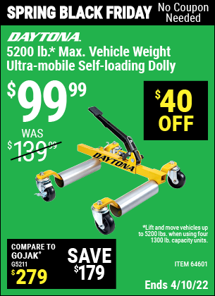 Buy the DAYTONA 5200 Lb. Max Vehicle Weight Ultra-Mobile Self-Loading Dolly (Item 64601) for $99.99, valid through 4/10/2022.