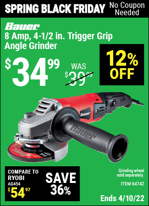 Buy the BAUER Corded 4-1/2 in. 8 Amp Heavy Duty Trigger Grip Angle Grinder with Tool-Free Guard (Item 64742) for $34.99, valid through 4/10/2022.
