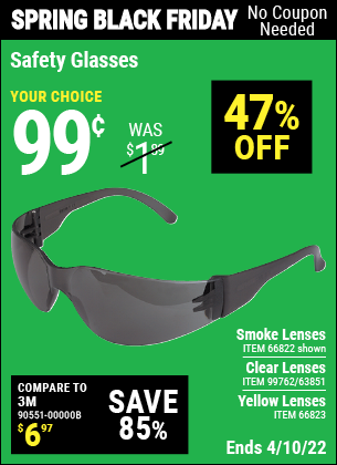 Buy the WESTERN SAFETY Safety Glasses with Smoke Lenses (Item 66822/66823/99762/63851) for $0.99, valid through 4/10/2022.
