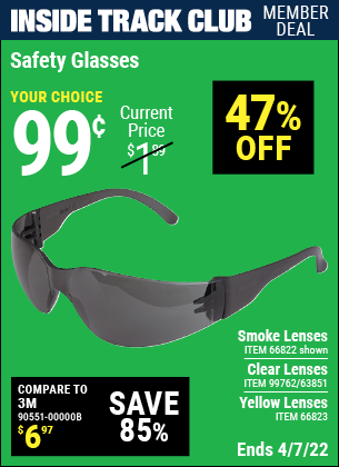 Inside Track Club members can buy the WESTERN SAFETY Safety Glasses with Smoke Lenses (Item 66822/66823/99762/63851) for $0.99, valid through 4/7/2022.
