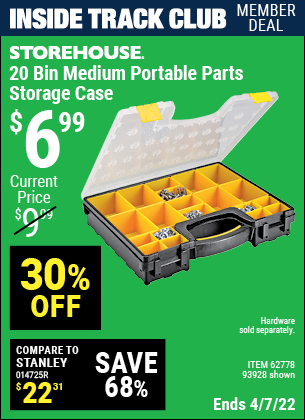 Inside Track Club members can buy the STOREHOUSE 20 Bin Medium Portable Parts Storage Case (Item 93928/62778) for $6.99, valid through 4/7/2022.