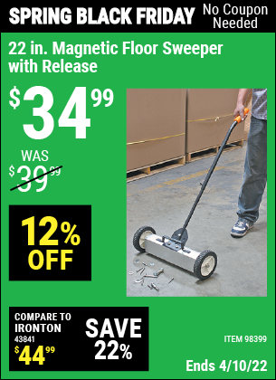 Buy the 22 In. Magnetic Floor Sweeper with Release (Item 98399) for $34.99, valid through 4/10/2022.