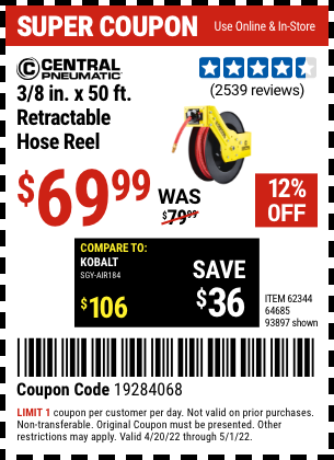 Buy the CENTRAL PNEUMATIC 3/8 In. X 50 Ft. Retractable Hose Reel (Item 93897/62344/64685) for $69.99, valid through 5/1/2022.