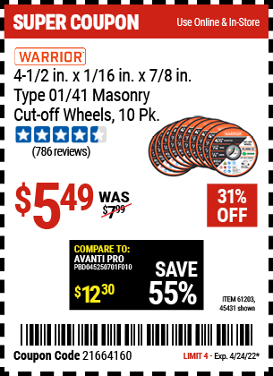 Buy the WARRIOR 4-1/2 in. 40 Grit Masonry Cut-Off Wheel 10 Pk. (Item 45431/61203) for $5.49, valid through 4/24/2022.