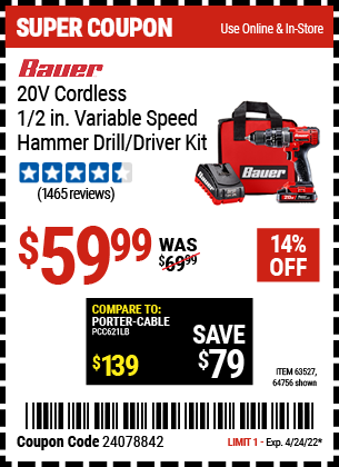 Buy the BAUER 20V Hypermax Lithium 1/2 in. Hammer Drill Kit (Item 64756/63527) for $59.99, valid through 4/24/2022.