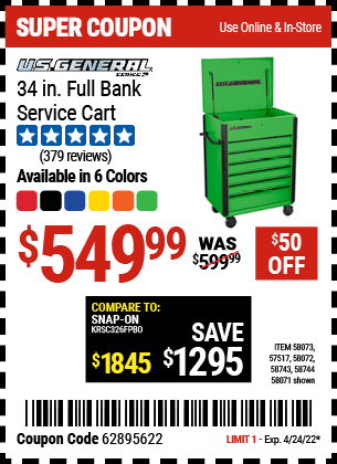 Buy the U.S. GENERAL 34 in. Full Bank Service Cart – Black (Item 57517/58071/58072/58073/58743/58744) for $549.99, valid through 4/24/2022.