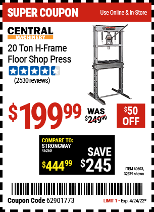 Buy the CENTRAL MACHINERY H-Frame Industrial Heavy Duty Floor Shop Press (Item 32879/60603) for $199.99, valid through 4/24/2022.
