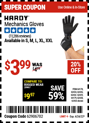 Buy the HARDY Mechanic's Gloves X-Large (Item 62432/62429/62433/62428/62434/62426/64178/64179 ) for $3.99, valid through 4/24/2022.