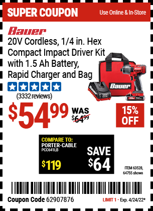 Buy the BAUER 20V Hypermax Lithium 1/4 In. Hex Compact Impact Driver Kit (Item 63528/63528) for $54.99, valid through 4/24/2022.