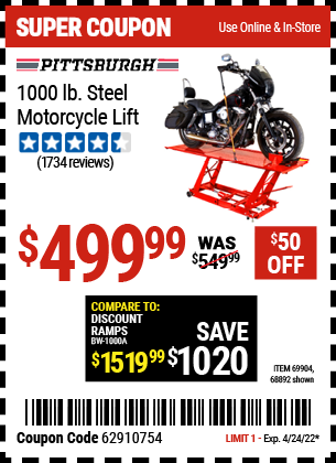 Buy the PITTSBURGH 1000 lb. Steel Motorcycle Lift (Item 68892/69904) for $499.99, valid through 4/24/2022.