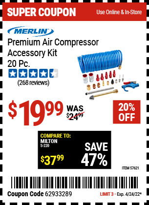 Buy the MERLIN Premium Air Compressor Accessory Kit, 20 Pc. (Item 57621) for $19.99, valid through 4/24/2022.