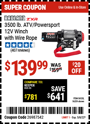 Buy the BADLAND ZXR 3500 Lb. ATV/Powersport 12v Winch With Wire Rope (Item 56259/56528) for $139.99, valid through 5/8/2022.
