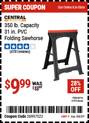 Buy the CENTRAL MACHINERY Foldable Sawhorse (Item 61979/60710) for $9.99, valid through 5/8/2022.