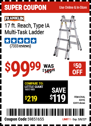 Buy the FRANKLIN 17 Ft. Type IA Multi-Task Ladder (Item 63419/67646/63418) for $99.99, valid through 5/8/2022.