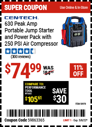 Buy the CEN-TECH 630 Peak Amp Portable Jump Starter and Power Pack with 250 PSI Air Compressor (Item 58978) for $74.99, valid through 5/8/2022.