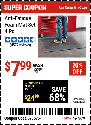 Buy the HFT Anti-Fatigue Foam Mat Set 4 Pc. (Item 94635/62389) for $7.99, valid through 5/8/2022.