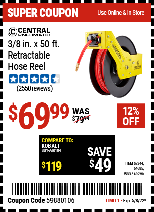 Buy the CENTRAL PNEUMATIC 3/8 In. X 50 Ft. Retractable Hose Reel (Item 93897/62344/64685) for $69.99, valid through 5/8/2022.