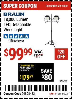 Buy the BRAUN 18-000 Lumen LED Detachable Work Light (Item 57428) for $99.99, valid through 5/8/2022.