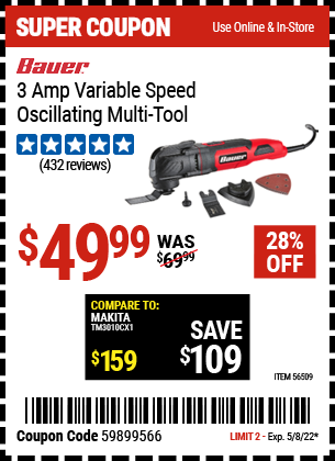Buy the BAUER 3A Variable Speed Oscillating Multi-Tool (Item 56509) for $49.99, valid through 5/8/2022.