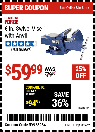 Buy the CENTRAL FORGE 6 in. Swivel Vise with Anvil (Item 63189) for $59.99, valid through 5/8/2022.
