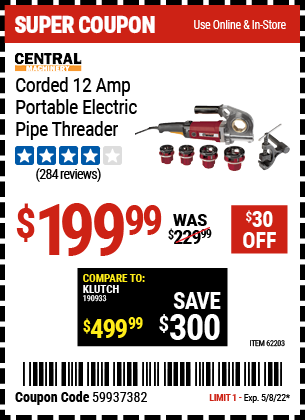 Buy the CENTRAL MACHINERY Portable Electric Pipe Threader (Item 62203) for $199.99, valid through 5/8/2022.
