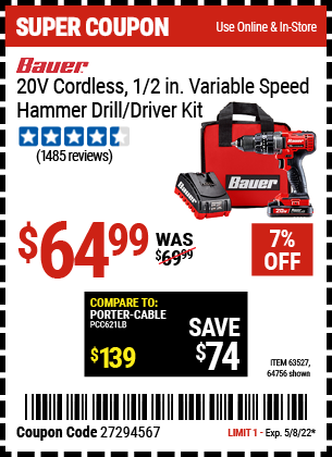 Buy the BAUER 20V Hypermax Lithium 1/2 in. Hammer Drill Kit (Item 64756/63527) for $64.99, valid through 5/8/2022.