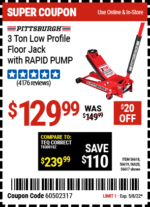 Buy the PITTSBURGH AUTOMOTIVE 3 Ton Low Profile Steel Heavy Duty Floor Jack With Rapid Pump (Item 56617/56618/56619/56620) for $129.99, valid through 5/8/2022.