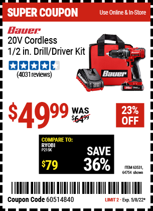 Buy the BAUER 20V Hypermax Lithium 1/2 In. Drill/Driver Kit (Item 63531/63531) for $49.99, valid through 5/8/2022.