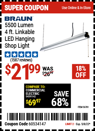 Buy the BRAUN 5500 Lumen 4 Ft. Linkable LED Shop Light (Item 56781) for $21.99, valid through 5/8/2022.