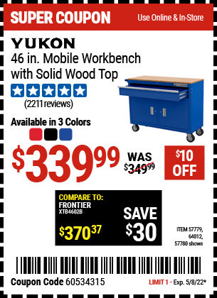 Buy the YUKON 46 in. Mobile Storage Cabinet with Wood Top (Item 64012/64023/57779/57780 ) for $339.99, valid through 5/8/2022.