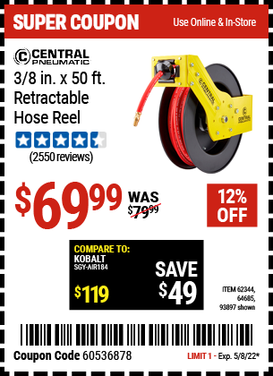 Buy the CENTRAL PNEUMATIC 3/8 In. X 50 Ft. Retractable Hose Reel (Item 93897/62344/64685) for $69.99, valid through 5/8/2022.