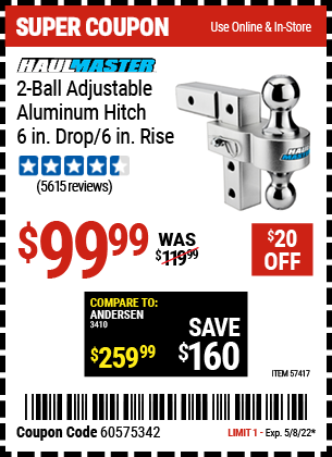 Buy the HAUL-MASTER 2-Ball Adjustable Aluminum Hitch – 6 in. Drop / 6 in. Rise (Item 57417) for $99.99, valid through 5/8/2022.