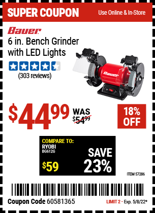 Buy the BAUER 6 In. Bench Grinder With LED Lights (Item 57286) for $44.99, valid through 5/8/2022.
