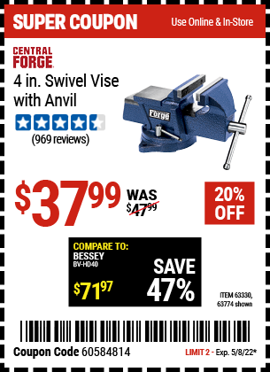 Buy the CENTRAL FORGE 4 in. Swivel Vise with Anvil (Item 63774/63330) for $37.99, valid through 5/8/2022.