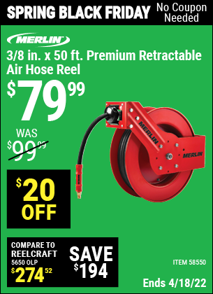 MERLIN 3/8 in. x 50 ft. Premium Retractable Air Hose Reel for $79.99 – Harbor  Freight Coupons