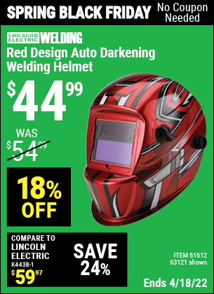 Buy the CHICAGO ELECTRIC Red Design Auto Darkening Welding Helmet (Item 63121/61612) for $44.99, valid through 4/18/2022.
